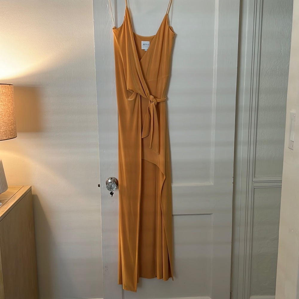 Misa yellow high slit wrap dress